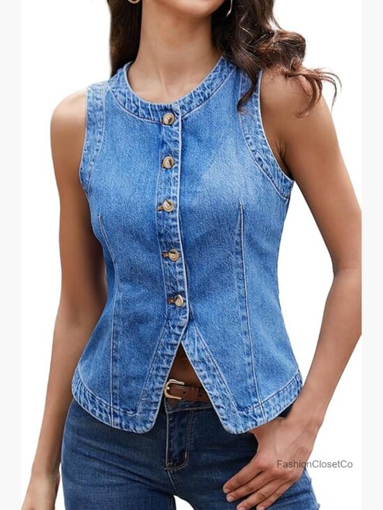 Jackets & Blazers - Crew Neck Denim Vest, Button Down Fitted Jean Vest Top for Women Casual